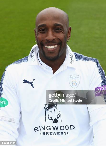 Michael Carberry of Hampshire poses in the Specsavers County Championship kit during the Hampshire County Cricket photocall at the Ageas Bowl on...