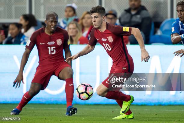 United States midfielder Christian Pulisic receives a pass from United States midfielder Darlington Nagbe during their FIFA 2018 World Cup Qualifier...