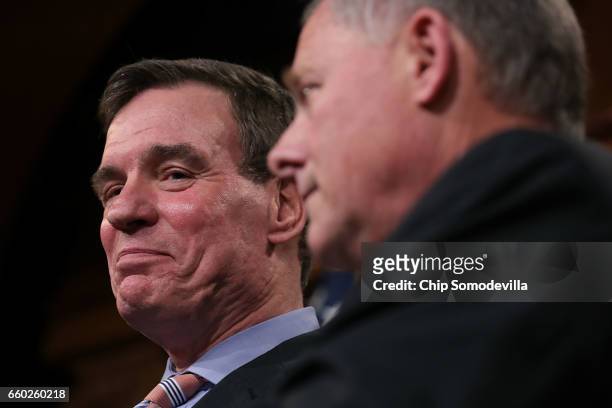Senate Intelligence Committee ranking member Sen. Mark Warner and Chairman Richard Burr hold a news conference about the committee's investigation...
