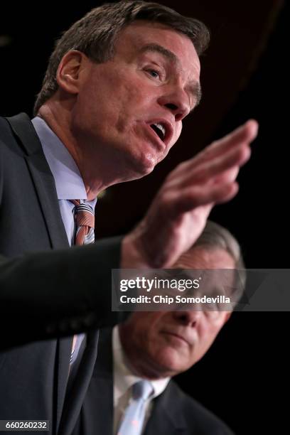 Senate Intelligence Committee ranking member Sen. Mark Warner and Chairman Richard Burr hold a news conference about the committee's investigation...