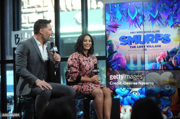 Actor Joe Manganiello and singer Demi Lovato attend Build Series to discuss 'Smurfs: The Lost Village' at Build Studio on March 20, 2017 in New York...