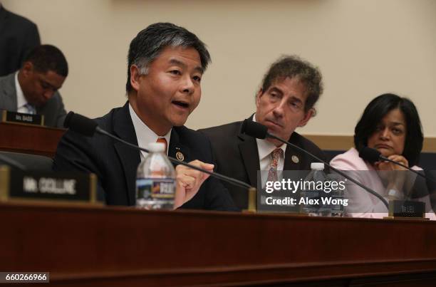 Rep. Ted Lieu , Rep. Jamie Raskin and Rep. Pramila Jayapal participate in a markup hearing before the House Judiciary Committee March 29, 2017 on...