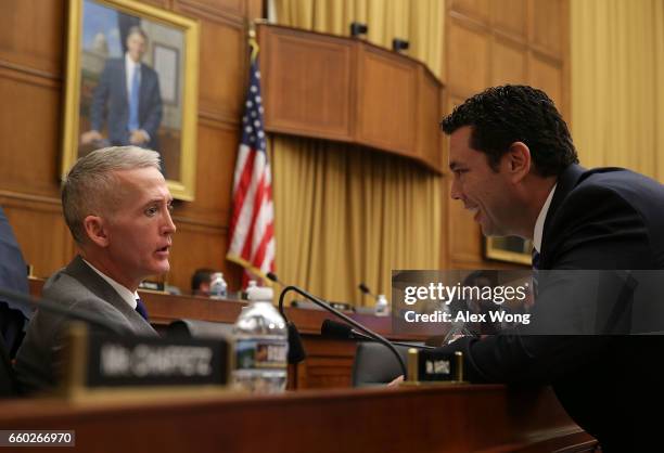 Rep. Jason Chaffetz talks to Rep. Trey Gowdy during a markup hearing before the House Judiciary Committee March 29, 2017 on Capitol Hill in...