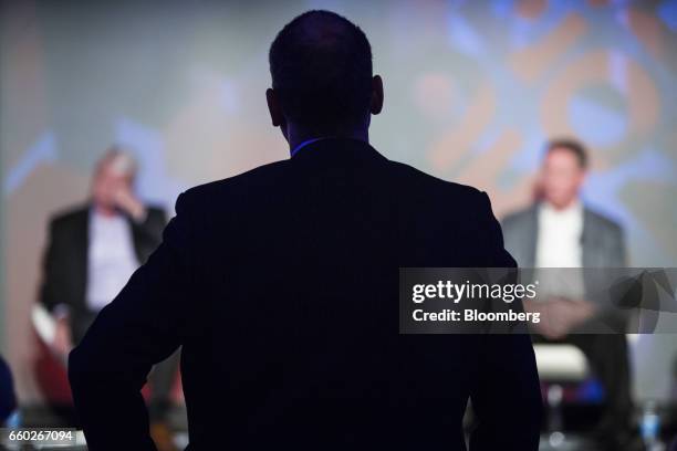 An attendee asks a question during a panel discussion at the ETS17 conference in Austin, Texas, U.S., on Wednesday, March 29, 2017. ETS17 calls all...