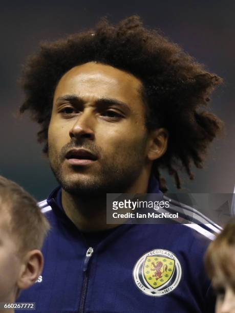 Ikechi Anya of Scotland is seen during the International Challenge Match between Scotland and Canada at Easter Road on March 22, 2017 in Edinburgh,...