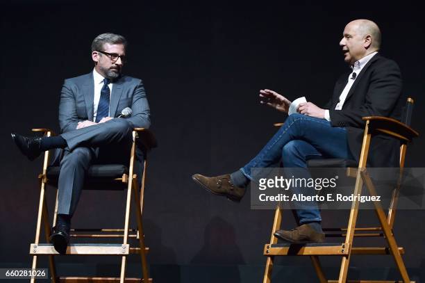 Actor Steve Carell and Illumination Entertainment CEO Chris Meledandri speak onstage at CinemaCon 2017 Universal Pictures Invites You to a Special...