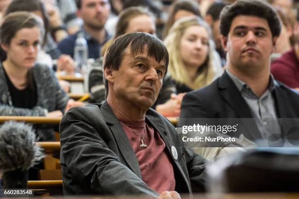 French ecologist Nicolas Hulot gives a lecture in an event organised by Jean Moulin University on March 29, 2017 in Lyon, France.