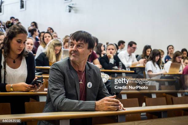 French ecologist Nicolas Hulot gives a lecture in an event organised by Jean Moulin University on March 29, 2017 in Lyon, France.