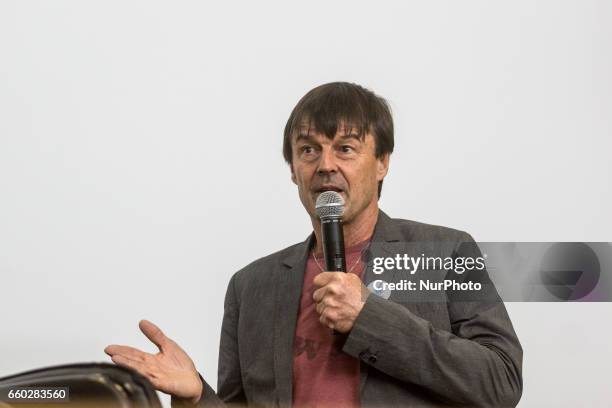 French ecologist Nicolas Hulot gives a lecture in an event organised by Jean Moulin University on March 29, 2017 in Lyon, France.