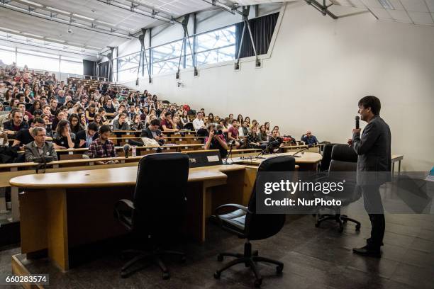 French ecologist Nicolas Hulot gives a lecture in an event organised by Jean Moulin University on March 29, 2017 in Lyon, France.