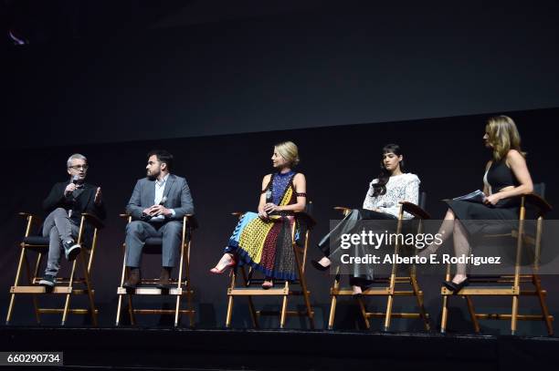 Director Alex Kurtzman, actors Jake Johnson, Annabelle Wallis, Sofia Boutella, and moderator Natalie Morales speak onstage at CinemaCon 2017...