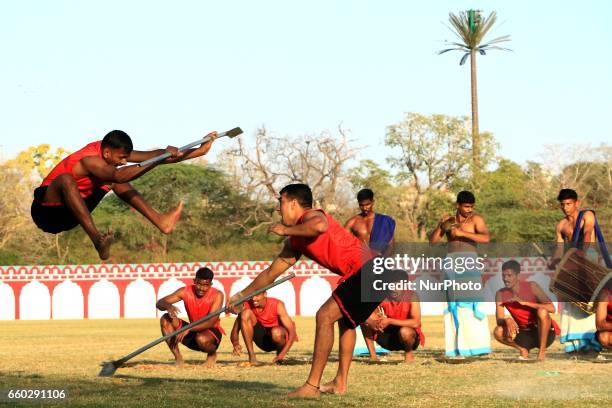 Indian army jawan showing their Martial Arts skills during the Army Pageant &amp; Air Force Show on the eve of Rajasthan day celebration at Polo...