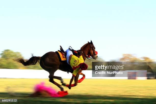 Indian army jawan showing horse riding skills during the Army Pageant &amp; Air Force Show on the eve of Rajasthan day celebration at Polo Ground in...