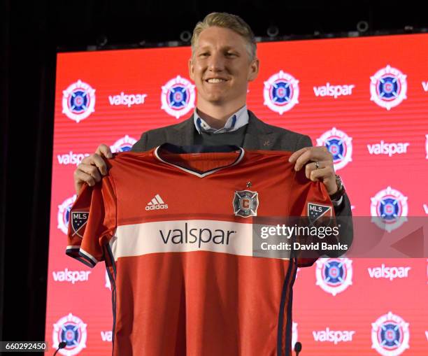 The Chicago Fire Introduce Bastian Schweinsteiger during a press conference on March 29, 2017 at the The PrivateBank Fire Pitch in Chicago, Illinois.