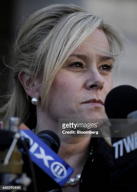 Bridget Anne Kelly, former deputy chief of staff for New Jersey Governor Chris Christie, speaks to members of the media outside federal court after...