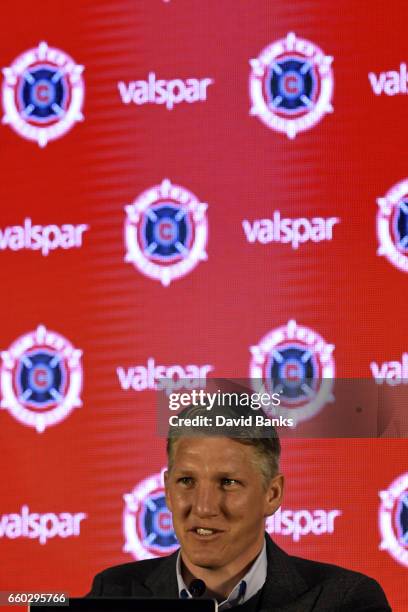 Bastian Schweinsteiger speaks as The Chicago Fire Introduce him during a press conference on March 29, 2017 at the The PrivateBank Fire Pitch in...