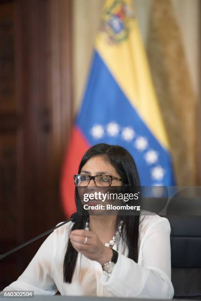 Delcy Rodriguez, Venezuela's minister of foreign affairs, speaks during a press conference in Caracas, Venezuela, on Wednesday, March 29, 2017. The...