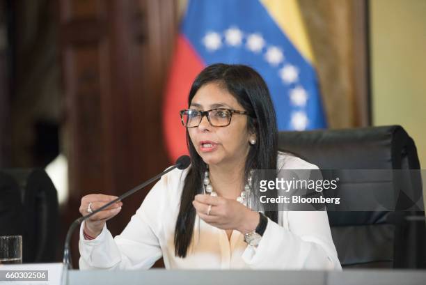 Delcy Rodriguez, Venezuela's minister of foreign affairs, speaks during a press conference in Caracas, Venezuela, on Wednesday, March 29, 2017. The...