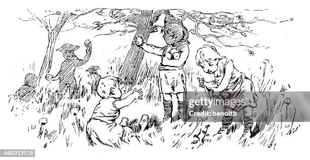 kids picking apples - fruit picking stock illustrations