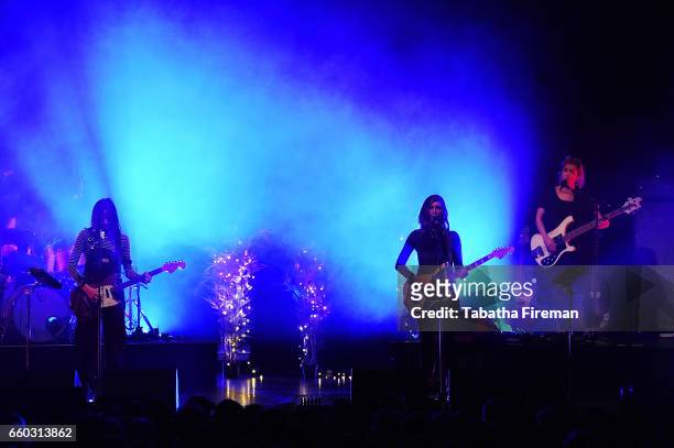 Theresa Wayman, Emily Kokal and Jenny Lee Lindberg of Warpaint perform at Brighton Dome on March 29, 2017 in Brighton, England.