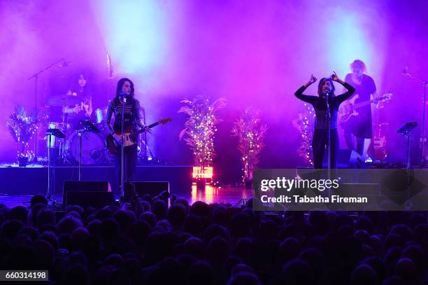 Stella Mozgawa, Theresa Wayman, Emily Kokal and Jenny Lee Lindberg of Warpaint perform at Brighton Dome on March 29, 2017 in Brighton, England.