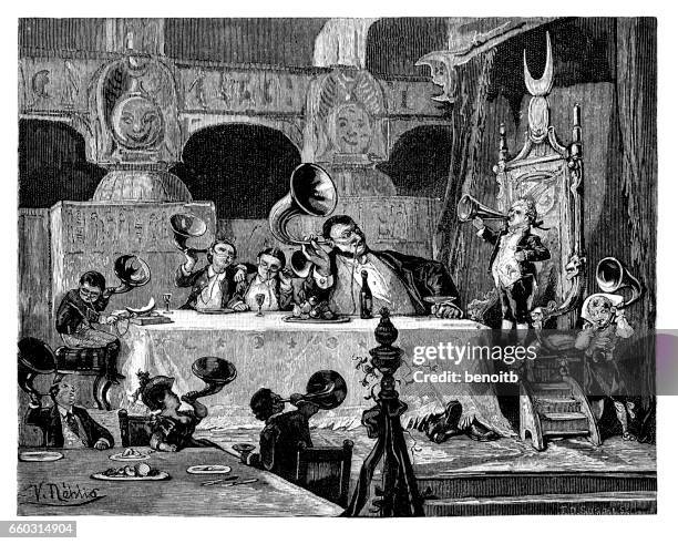 people using respirators and ear horns during speech - hearing loss stock illustrations