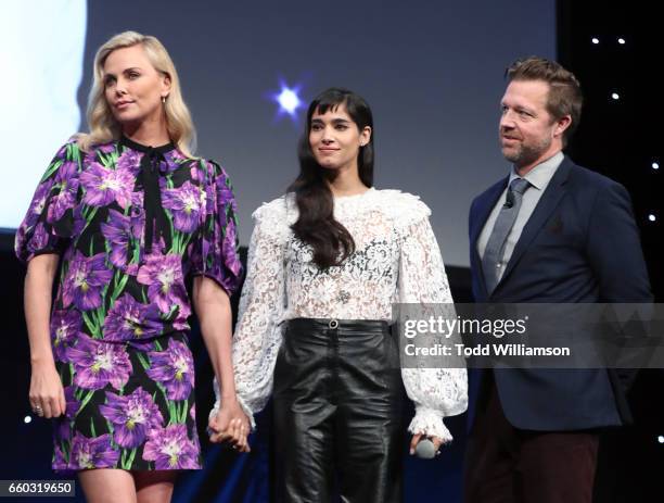 Actors Charlize Theron, Sofia Boutella and director David Leitch speak onstage at CinemaCon 2017- Focus Features: Celebrating 15 Years and a Bright...