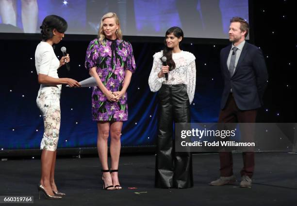 Moderator Shaun Robinson, actors Charlize Theron, Sofia Boutella and director David Leitch speak onstage at CinemaCon 2017- Focus Features:...