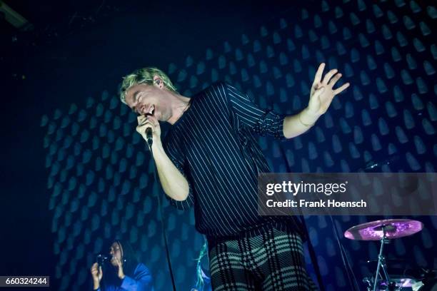 Singer Maurice Ernst of the Austrian band Bilderbuch performs live during a concert at the Columbiahalle on March 29, 2017 in Berlin, Germany.