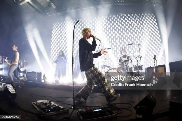 Singer Maurice Ernst of the Austrian band Bilderbuch performs live during a concert at the Columbiahalle on March 29, 2017 in Berlin, Germany.