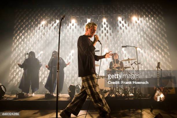 Singer Maurice Ernst of the Austrian band Bilderbuch performs live during a concert at the Columbiahalle on March 29, 2017 in Berlin, Germany.