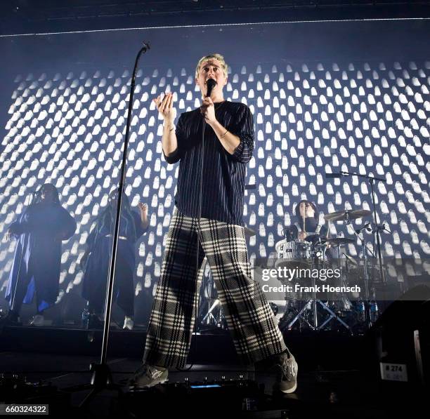 Singer Maurice Ernst of the Austrian band Bilderbuch performs live during a concert at the Columbiahalle on March 29, 2017 in Berlin, Germany.