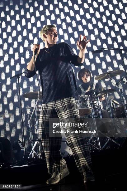 Singer Maurice Ernst of the Austrian band Bilderbuch performs live during a concert at the Columbiahalle on March 29, 2017 in Berlin, Germany.