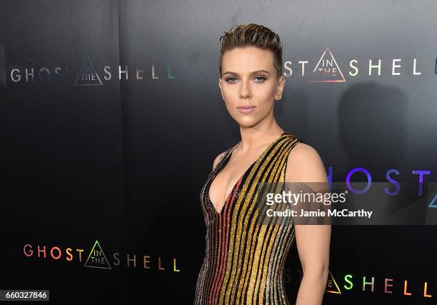Scarlett Johansson attends the "Ghost In The Shell" premiere hosted by Paramount Pictures & DreamWorks Pictures at AMC Lincoln Square Theater on...