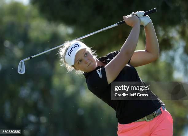 Brooke Henderson of Canada plays a tee shot on the 17th hole during a pro am at Mission Hills Country Club on March 29, 2017 in Rancho Mirage,...