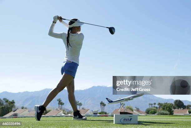 Michelle Wie plays a tee shot on the 18th hole during a pro am at Mission Hills Country Club on March 29, 2017 in Rancho Mirage, California.