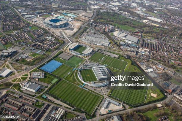 Aerial photograph of the Etihad Campus, training ground to Manchester city football club and home to Manchester city football academy on March 26,...