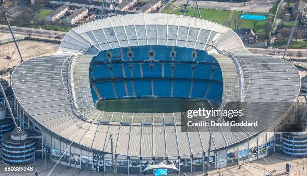 Aerial photograph of City of Manchester Stadium, Home to Manchester City Football Club on March 26, 2017. Built in 2002 this 55,097 capacity stadium...