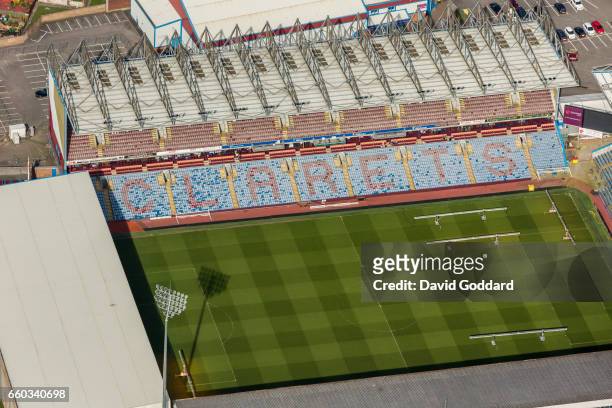 Aerial photograph of Turf Moor, home ground to Burnley Football Club, Lancashire on March 26, 2017. Located to the west of the town centre on Harry...