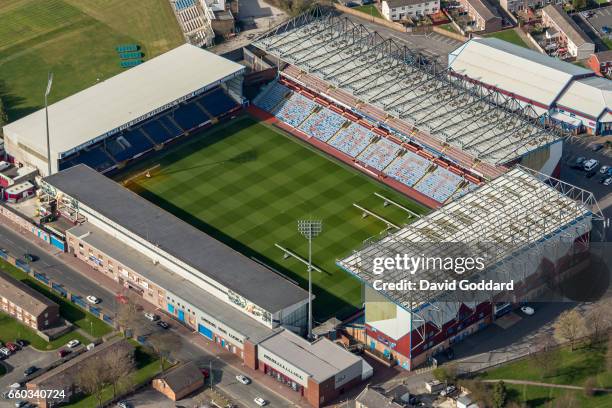 Aerial photograph of Turf Moor, home ground to Burnley Football Club, Lancashire on March 26, 2017. Located to the west of the town centre on Harry...