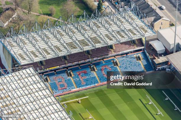Aerial photograph of Turf Moor, home ground to Burnley Football Club, Lancashire on March 26, 2017. Located to the west of the town centre on Harry...