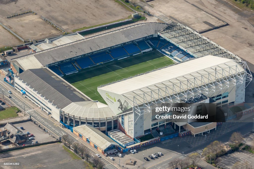 Aerial photograph of Elland Road Stadium, home of Leeds United Football Club.