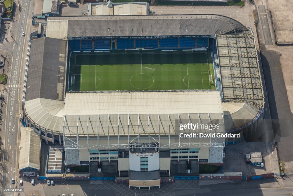 Aerial photograph of Elland Road Stadium, home of Leeds United Football Club.