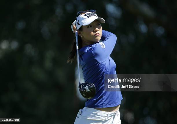 Lydia Ko of New Zealand plays a tee shot on the third hole during a pro am at Mission Hills Country Club on March 29, 2017 in Rancho Mirage,...