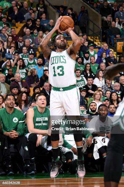 James Young of the Boston Celtics shoots the ball during the game against the Milwaukee Bucks on March 29, 2017 at TD Garden in Boston,...
