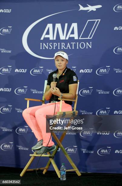 Brooke Henderson of Canada addresses the media during a pro am at Mission Hills Country Club on March 29, 2017 in Rancho Mirage, California.
