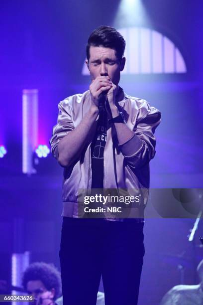 Episode 511 -- Pictured: Daniel Smith of muscial guest Bastille performs on March 29, 2017 --