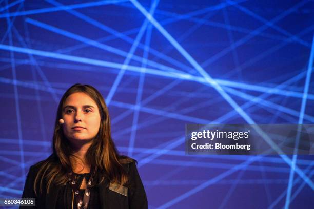 Mariana Vasconcellos, chief executive officer of Agrosmart, pauses while speaking during the Global Agribusiness Forum in Sao Paulo, Brazil, on...