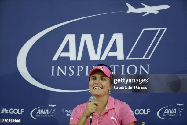 Lexi Thompson addresses the media during a pro am at Mission Hills Country Club on March 29, 2017 in Rancho Mirage, California.