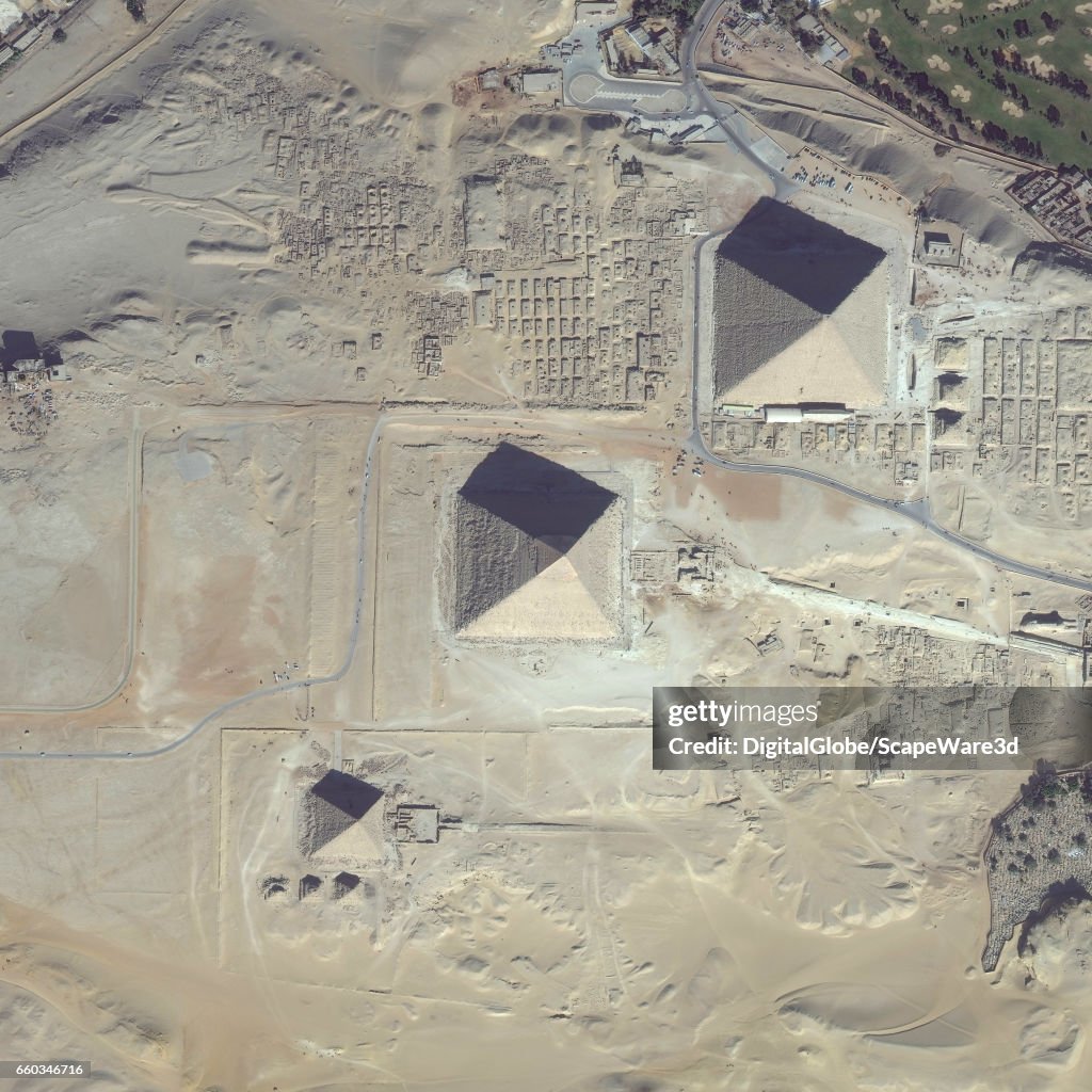 THE GREAT PYRAMIDS OF GIZA - JANUARY 3, 2017: DigitalGlobe satellite imagery of the Giza Pyramid Complex on the outskirts of Cairo, Egypt.